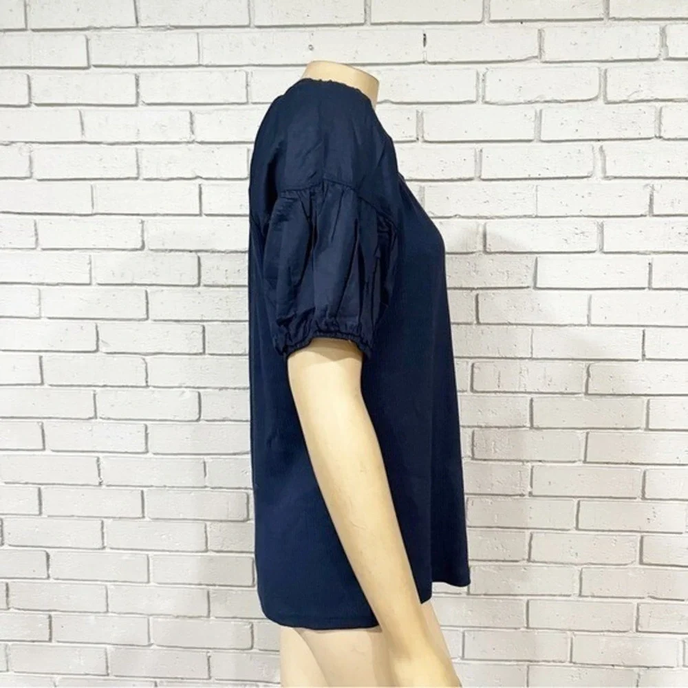 J.Crew Navy Blue Ribbed Mixed Media Puff Sleeve Scoop Neck Top |‎ Size XL